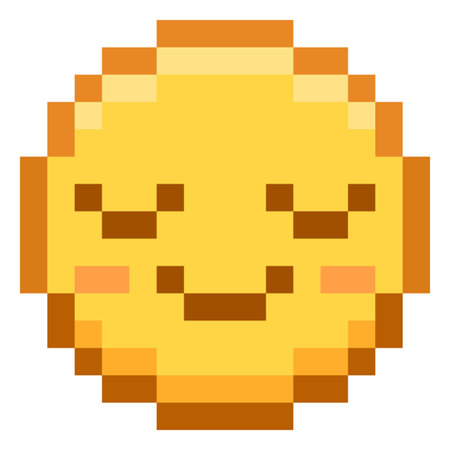 Happy emoji emoticon vector pixel art, yellow 8 bit smile face, cute funny positive retro bitmap video game calm avatarのイラスト素材