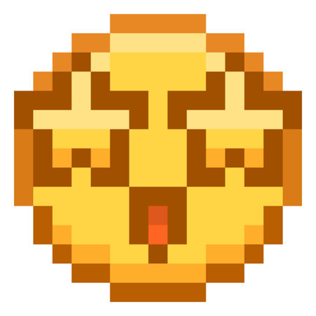 Surprised emoji emoticon vector color pixel art, orange 8 bit amazing excited expression face with star shaped eyesのイラスト素材