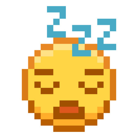 Sleeping emoji emoticon vector pixel art, yellow pixelated dream face, cute retro 8bit video game avatar rest expressionのイラスト素材