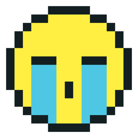 Cry emoji emoticon vector pixel art, unhappy sad yellow black outline face with streams of tears, 8bit retro weep avatarのイラスト素材