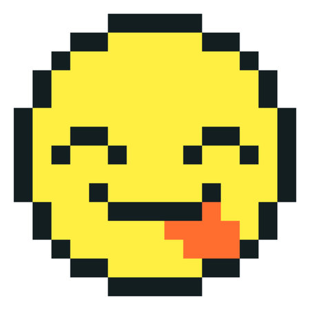 Tease emoji emoticon vector pixel art, yellow black outline 8 bit smile face with stick out tongue, funny retro avatarのイラスト素材