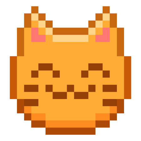 Happy cat emoji emoticon vector pixel art, orange pixelated smile muzzle, cute pet face retro video game positive avatarのイラスト素材
