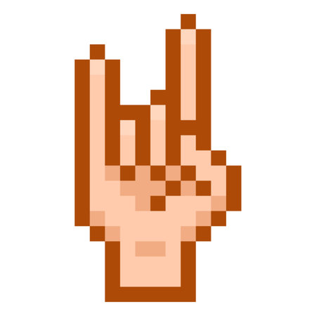 Sign of the horns hand gesture emoji emoticon vector pixel art, color 8 bit retro video game Rock and roll fan symbolのイラスト素材