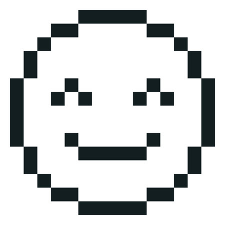 Happy emoji emoticon pixel art vector icon, black and white pixelated smile face, cute retro video game positive avatarのイラスト素材