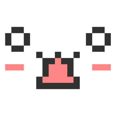 Surprised kawaii emoji emoticon vector pixel art, black and pink outline 8 bit pixelated astonished face with big eyesのイラスト素材