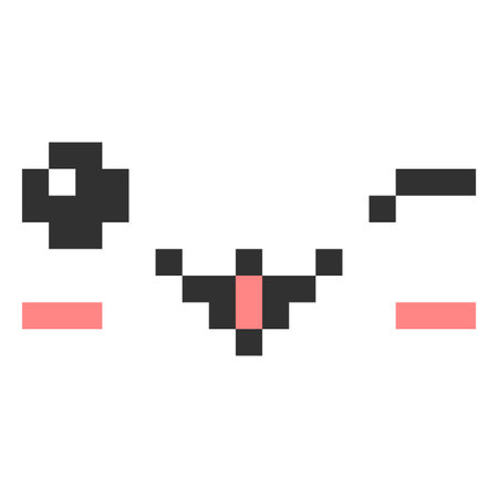 Happy winking kawaii emoji emoticon vector pixel art, 8 bit smile face with winks eye, cute funny avatar bitmap designのイラスト素材