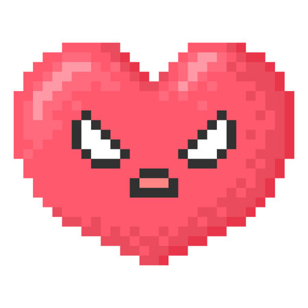 Angry kawaii emoji emoticon heart shape face vector pixel art, 8 bit red evil expression grumpy face with menacing eyesのイラスト素材