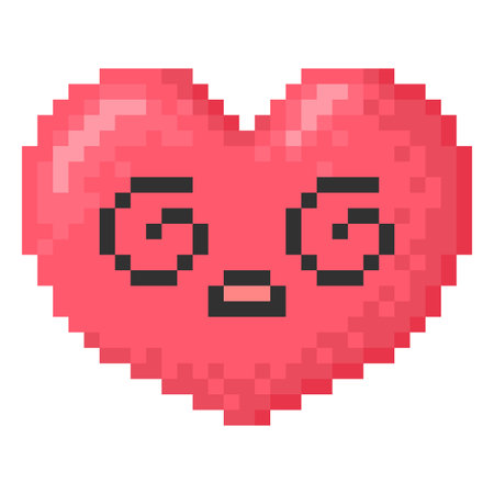 Dizzy kawaii emoji emoticon heart shape face vector pixel art, 8 bit red amazement expression face with spiral eyesのイラスト素材
