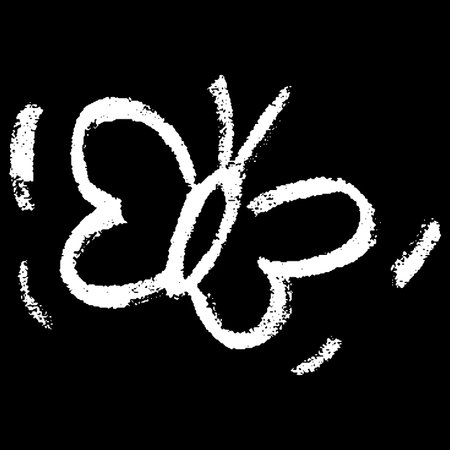 Butterfly white chalk hand painting on black background, cute insect crayon outline, vector doodle wild fauna, kids artのイラスト素材