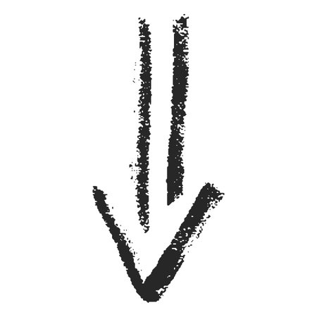 Chalk arrow outline shape, crayon vector sketch scribble pointer mark, down direction sign, graphic stroke chalk textureのイラスト素材