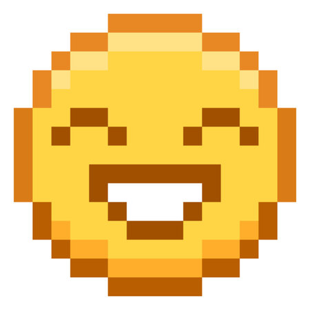 Happy emoji emoticon vector pixel art, color smile face with laugh open mouth, cute funny positive retro 8 bit videogameのイラスト素材