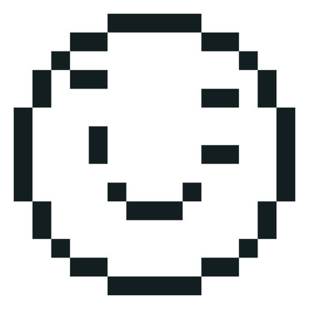 Happy winking emoji emoticon vector pixel art, black outline smile face with winks eye, cute 8 bit videogame joke avatarのイラスト素材
