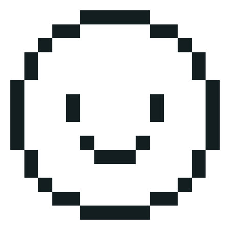 Happy emoji emoticon pixel art vector icon, black outline smile face round shape, cute retro 8 bit positive avatarのイラスト素材