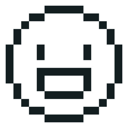 Happy emoji emoticon, vector pixel black outline 8bit smile face with laugh open mouth, cute funny cheerful retro avatarのイラスト素材