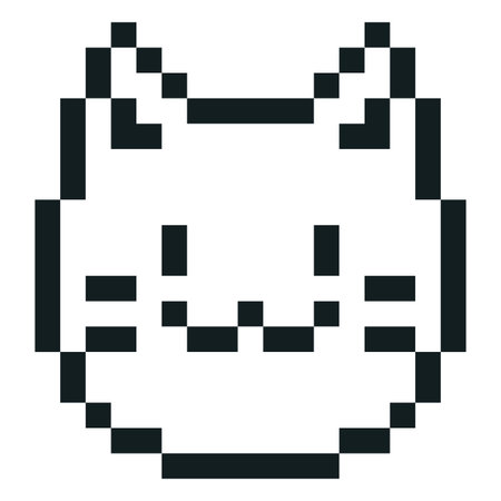 Happy cat emoji emoticon vector pixel art, black outline pixelated smile muzzle, cute retro video game adorable animalのイラスト素材