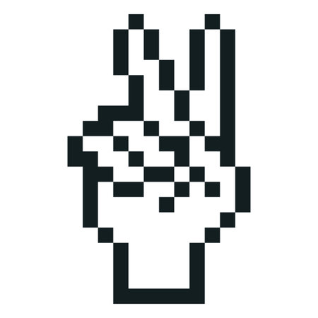 V sign hand gesture emoji emoticon vector pixel art, victory or peace sign, black outline 8bit hand pointing two fingersのイラスト素材