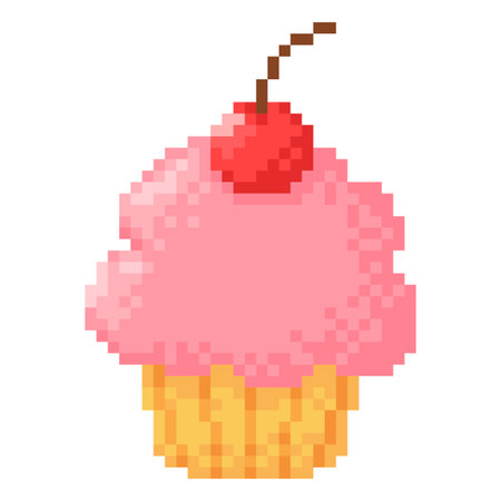 Cupcake with cherry berry pixel art icon, vector biscuit sweet dessert bakery, retro 8bit muffin with pink cream toppingのイラスト素材