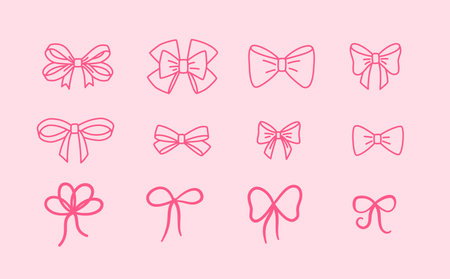 Set of vector ribbon pink bows in simple doodle style, different shapes.のイラスト素材