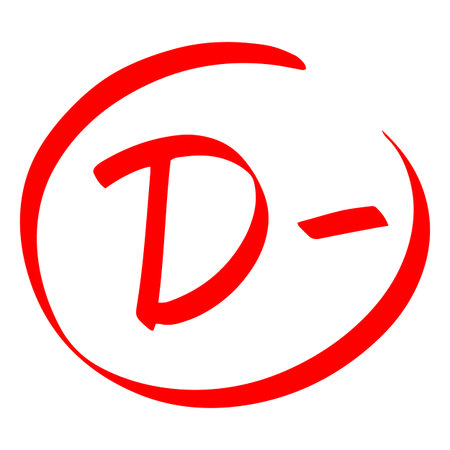 Exam grade icon, D minus, in red, handwritten, mark, result.のイラスト素材