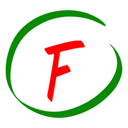 Exam score red marker symbol, fail grade test result F letter in green circle, handwritten student evaluation signのイラスト素材