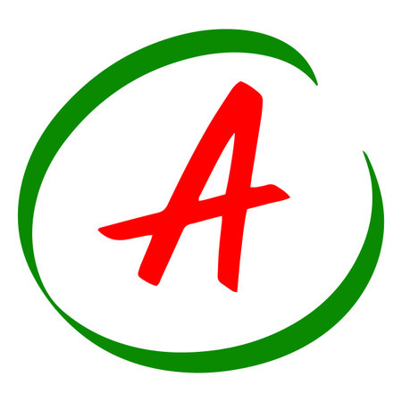 Exam score marker symbol, grade result - A, high test result red letter in green circle, perfect student evaluation signのイラスト素材