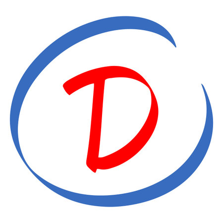 Exam score red marker symbol, grade result - D, test grade letter in blue circle, handwritten student evaluation signのイラスト素材