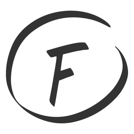 Exam score black marker symbol, fail grade result F in circle, test result letter, handwritten student evaluation signのイラスト素材