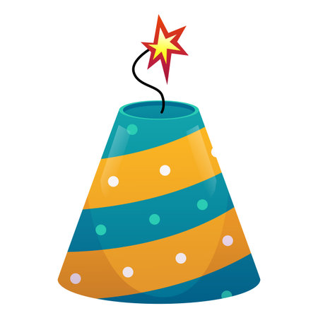 Cone-shaped striped firecracker with dots, lit fuse, pyrotechnics.のイラスト素材