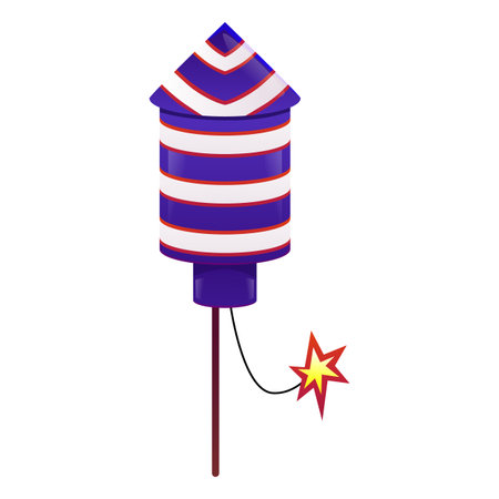 Striped blue and red firecracker on a leg, with a burning fuse, Independence Day of the USA.のイラスト素材