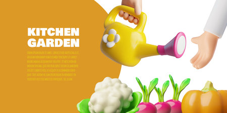 3D banner, hands holding watering can, with orange frame for text, pumpkin, radish, cauliflower.のイラスト素材