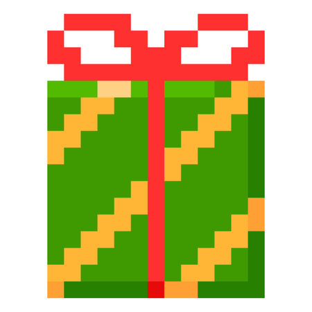 Gift box, green with yellow stripes, red ribbon with a bow, pixel 8 bit icon.のイラスト素材
