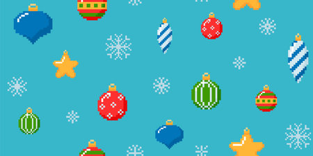 Christmas tree toy decoration and snowflakes pixel art vector seamless pattern, cartoon 8bit retro holiday festive ballsのイラスト素材