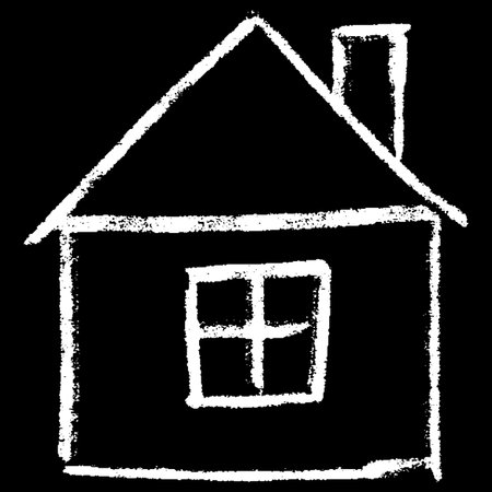 Home silhouette white chalk hand painting on black background, vector crayon outline house symbol, chalk board kids drawingのイラスト素材