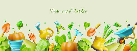 3D banner with bottom border of fresh vegetables and garden tools, farmers market.のイラスト素材