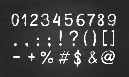 Chalk texture font, numbers and punctuation marks, vector white chalk board typographic symbols, pencil crayon typefaceのイラスト素材