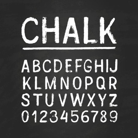 Uppercase letters of English alphabet and numbers chalk texture font, vector grunge chalk board typographic symbolsのイラスト素材