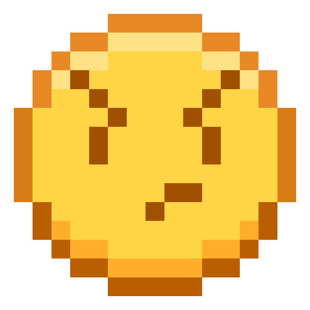Frowning emoji emoticon pixel art vector icon, color sad gloomy face, retro 8 bit video game disappointed expressionのイラスト素材
