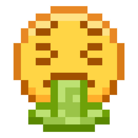 Yellow round pixel smiley with vomiting, emoji, 8 bit, expression of emotions.のイラスト素材