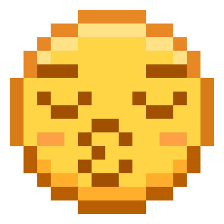 Happy emoji emoticon with kiss lips gesture pixel art, color enamored flirt face, 8 bit love expressionのイラスト素材