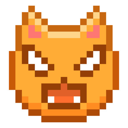 Angry cat emoji emoticon vector pixel art, color 8 bit threatening evil muzzle with scary big eyes open mouth with fangsのイラスト素材