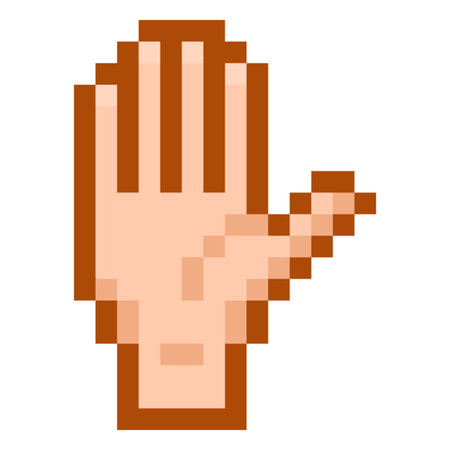 Five fingers hand showing gesture vector pixel art, color 8 bit retro greeting human palm, outstretched armのイラスト素材