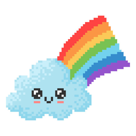 Cute pixel kawaii blue cloud with rainbow, happy character.のイラスト素材