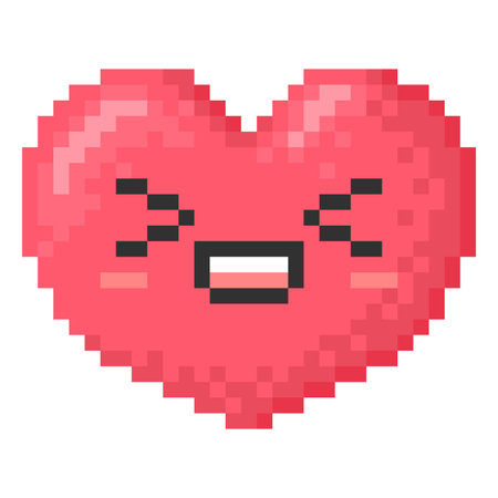 Happy kawaii emoji emoticon heart shape face vector pixel art, red 8bit smile face squinted eyes, cute cheerful avatarのイラスト素材