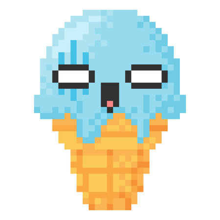 Pixel ice cream ghost, cone with blue ball and scary face, eyes, 8 bit icon.のイラスト素材