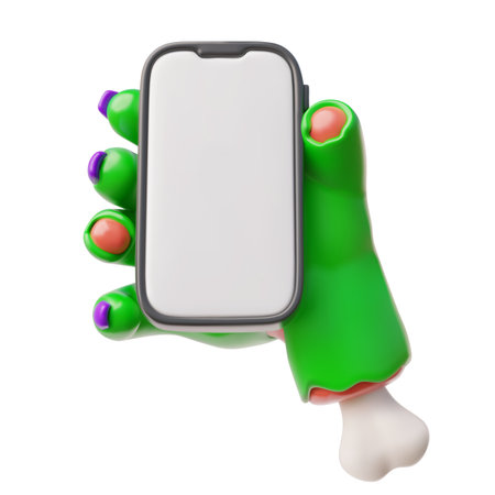 Creepy zombie green hand holding a mobile smartphone with white screen 3D vector, Halloween walking dead screen mock upのイラスト素材