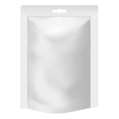 White zip bag, paper or plastic bag vector 3D mockup design, realistic closed empty pouch doy-pack packageのイラスト素材