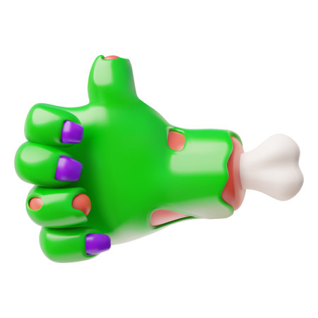 Creepy zombie green hand thumbs up gesture, like and confirm sign 3D vector icon, cartoon Halloween dead corpse bodyのイラスト素材