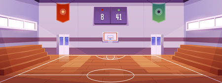 School gym interior vector flat illustration, basketball and sport team games, athletic sport court, stadium arenaのイラスト素材