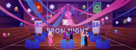 School gym prom night in the gym, vector cartoon dance party in college gymnasium hall with festive decorationsのイラスト素材