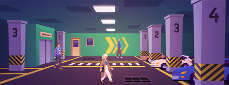 Urban underground parking vector flat interior, garage for automobiles, transport in basement building, walking peopleのイラスト素材